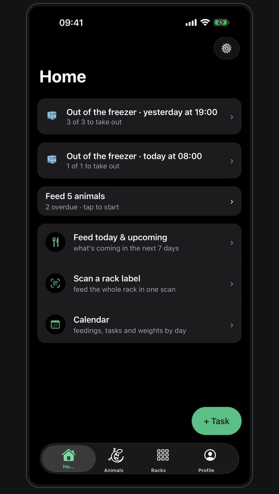 HerpBase Home screen: what to thaw, who to feed, what to confirm